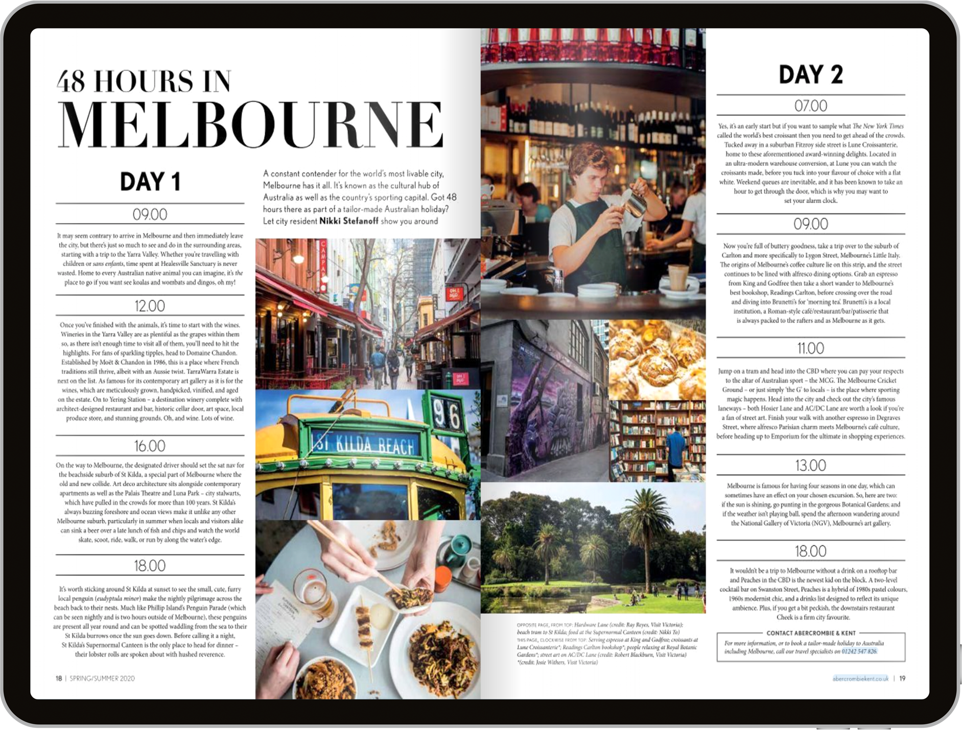 Two-page magazine spread titled "48 Hours in Melbourne" with itinerary details, photos of cafes, streets, food, and a park.